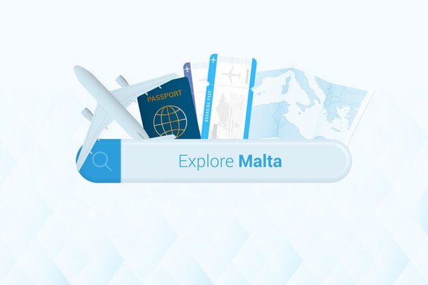 Searching tickets to Malta or travel destination in Malta Searching bar with airplane passport boarding pass tickets and map