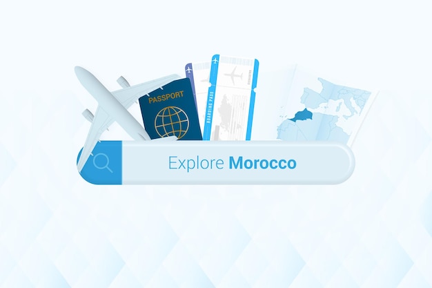 Searching tickets to Morocco or travel destination in Morocco Searching bar with airplane passport boarding pass tickets and map