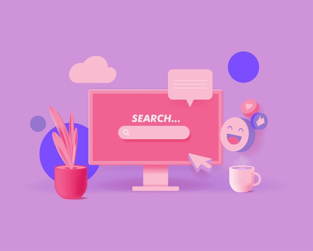 Searching web bar on the screen of modern personal computer. 3d cute style vector illustration with cute elements. Copy space. Banners, social media posts template.