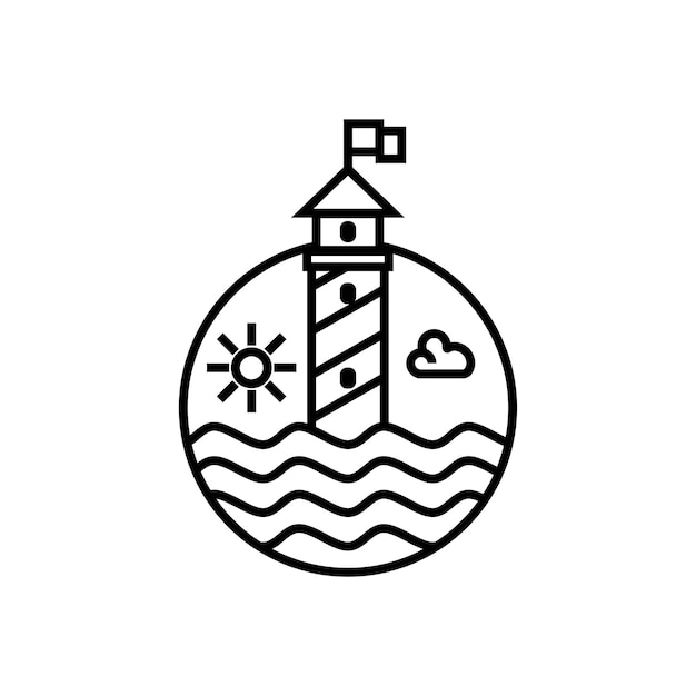 searchlight lighthouse building beach view landscape logo vector outline badge deign