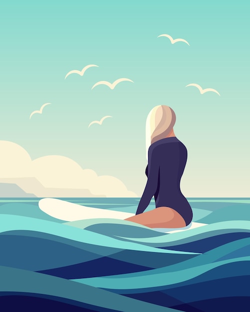 Seascape girl surfer sits on a surfboard on the waves of the ocean Active recreation concept