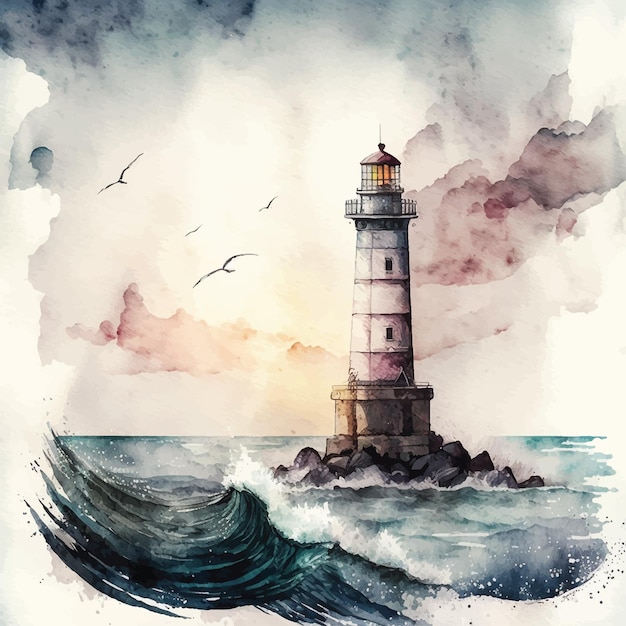 A seascape with a lighthouse in the distance watercolor paint