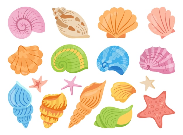 Seashells cartoon hand drawn set ocean marine starfish mollusk conch sink water flat design vector