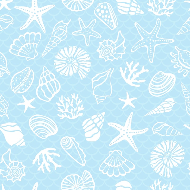 Seashells corals and starfish seamless pattern