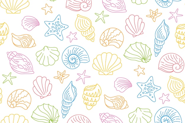 Seashells doodle wallpaper ocean marine shell starfish mollusk conch sink seamless pattern vector