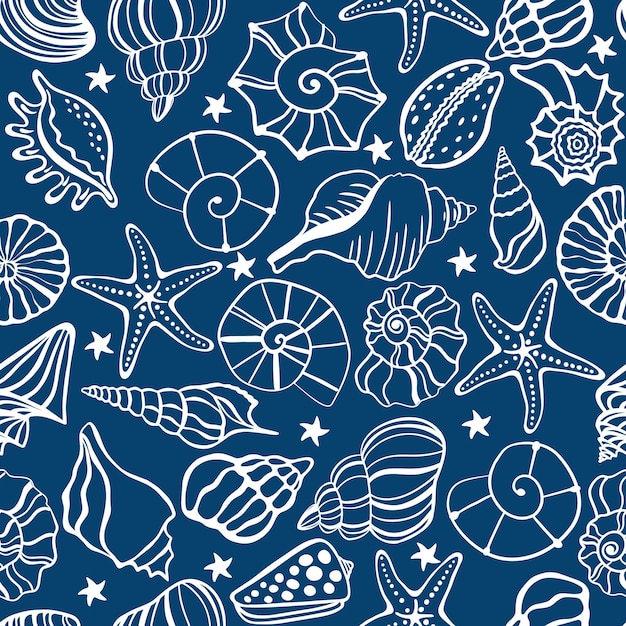 Seashells and starfish seamless pattern background vector illustration Cute marine life doodle