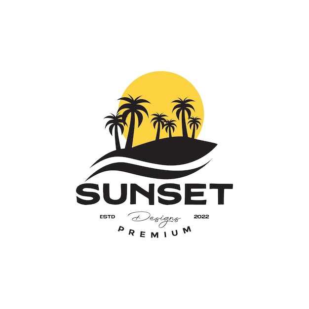 Seashore with coconut tree sunset vintage logo