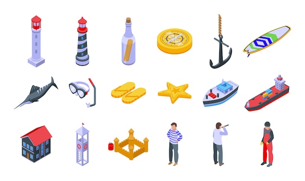 Seaside icons set isometric vector. Summer beach. Sea resort