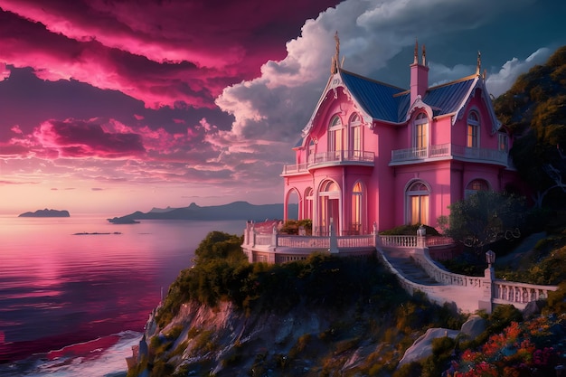 Seaside pink house 3d rendering