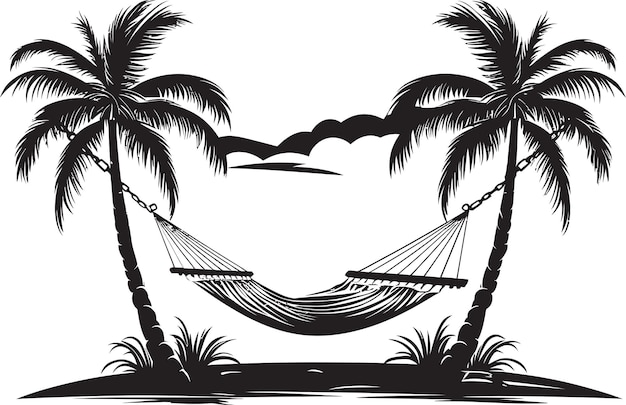 Vector seaside solace swing hammock between coconut palms black vector symbol coco cove corner hammock hun