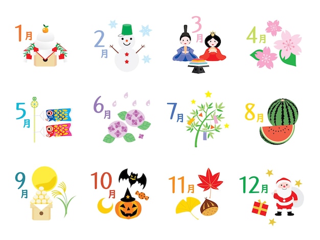 Season illustration icons and Japanese design letter for a calendar