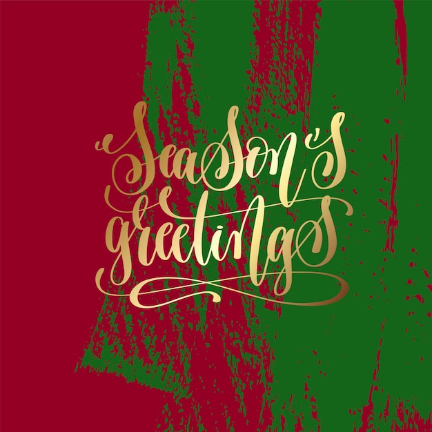 season's greetings - gold hand lettering on green and purple brush stroke background, vector illustration