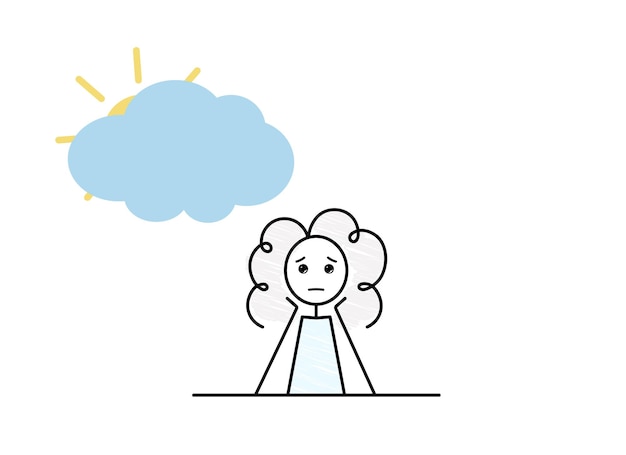 Seasonal affective disorder SAD sad girl character cloudy weather affect your mood black line doodle simple vector illustration sketch