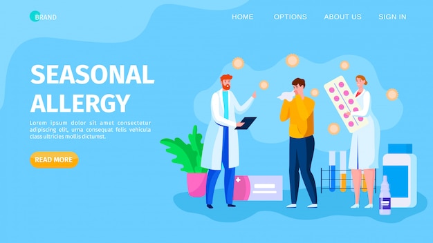 Seasonal allergy disease, landing   illustration. Ill patient symptom treatment, medical health care. Doctors man and woman