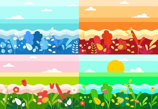 Seasonal landscapes with plants and flowers river and fields winter spring summer autumn Minimalist nature design 4 seasons