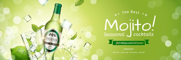 Seasonal mojito banner banner with flying ice cubes and green leaves on glittering surface, 3d illustration