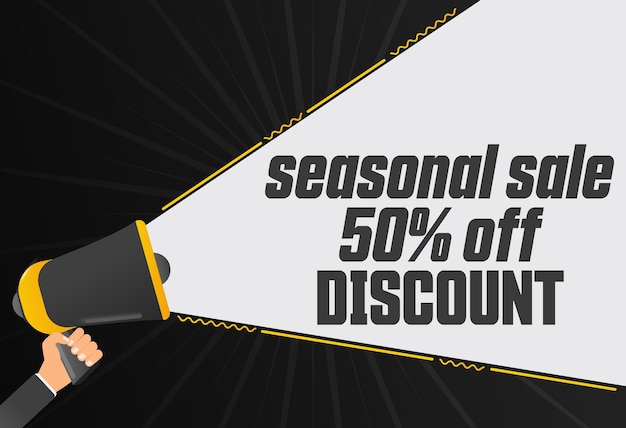 Seasonal sale 50 percent off discount Megaphone in hand promotion banner