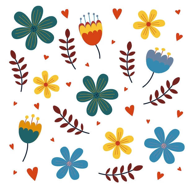 Seasonal set of vector floral elements Summer collection of flowers and plants in bright colors