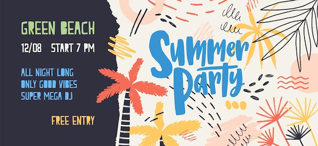 Seasonal web banner template decorated by tropical palm trees, paint stains, blots and scribble for summer open air dance party. Vector illustration for summertime event promotion, advertisement.