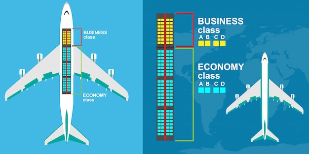 Seat map airplane class illustration. Airline tour trip passenger charter chair. 