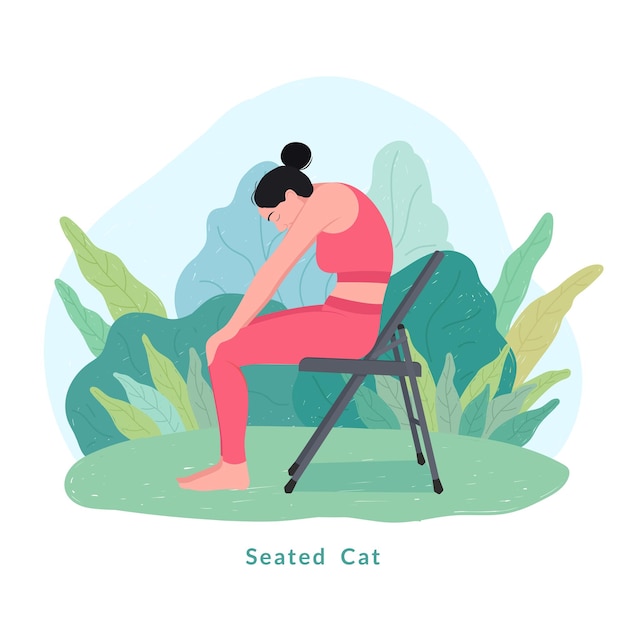 Seated cat Yoga pose woman doing fitness and yoga exercises with chair