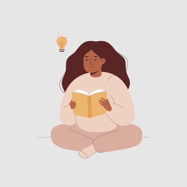 Seated woman reads a book and receives enlightenment