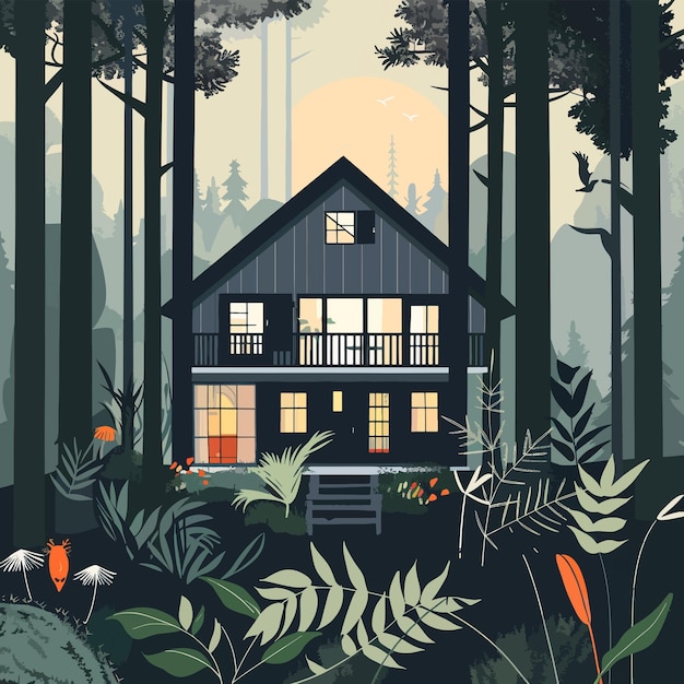 Secluded House in the Lush Forest Vector Illustration