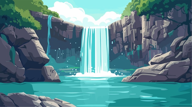 Vector secluded waterfall cascading into crystal clear pool