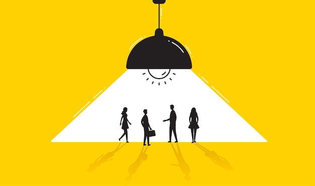 Secret business team meeting, people silhouettes under ceiling lamp light. Vector