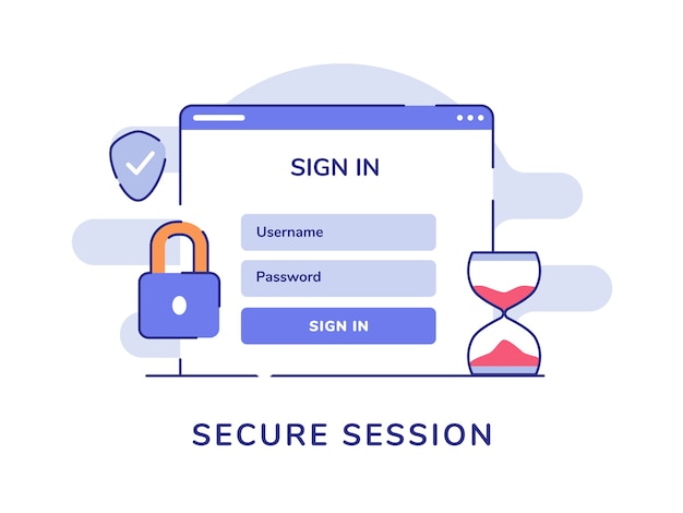 Secure session concept sign in user name password computer padlock shield white isolated background