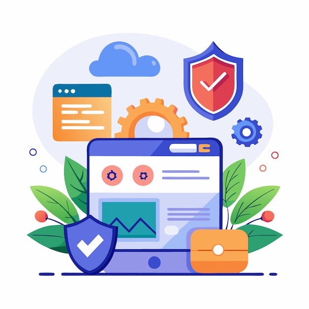 Vector secure website with check marks gear and cloud