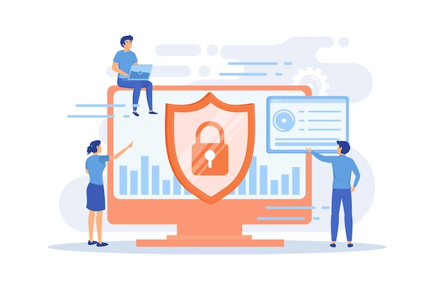 Security analysts protect internet-connected systems with shield. Cyber security, data protection,