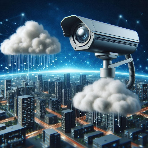 Vector security camera watching over a virtual city illustration