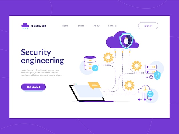 Security engineering landing page first screen. Build effective protecting scheme for corporate data and network against vulnerabilities. Risk reduce and cyber attacks defense of sensitive data