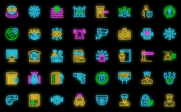 Security guard icons set vector neon