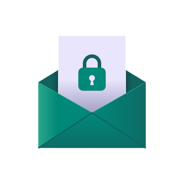 Security protected 3d email green envelope with attached file with safeguard padlock