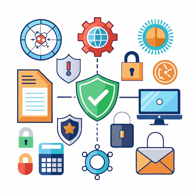 Vector security and protection concept with shield lock and computer icons