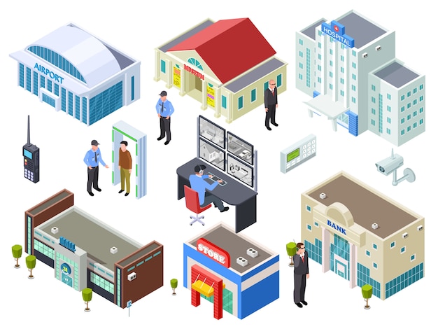 Security system for various public buildings isometric vector collection