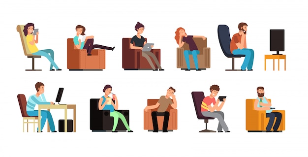 Sedentary man and woman on couch watching tv, phone, reading