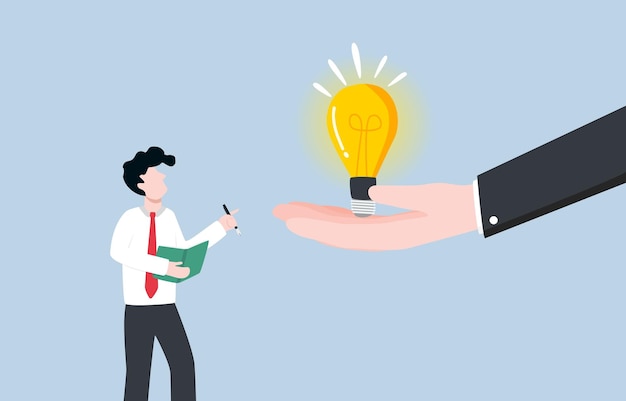 Seeking knowledge from expert concept Giant hand showing bright idea light bulb for businessman