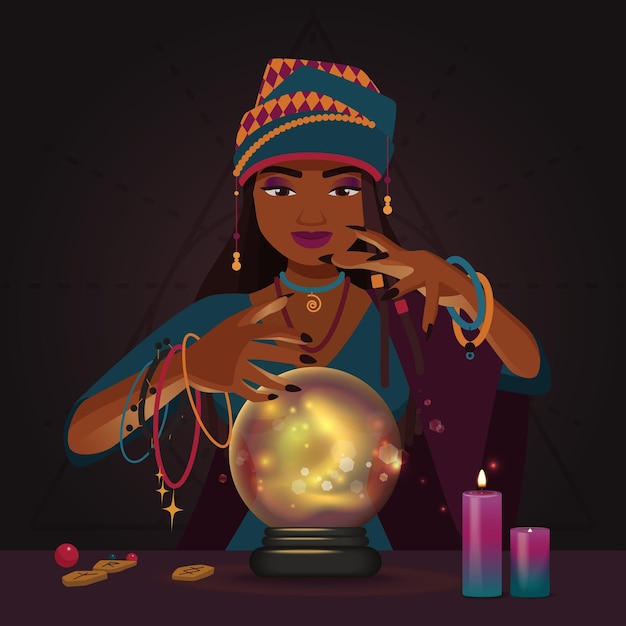 Vector seer with crystal ball telling future gypsy fortune teller predicts fate with sphere