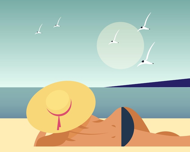 Seescape a young woman on the beach and the sea with seagulls Vacation and travel illustration