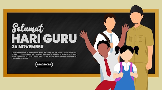 Selamat hari guru nasional or happy Indonesia teachers day background with teacher and students illustration