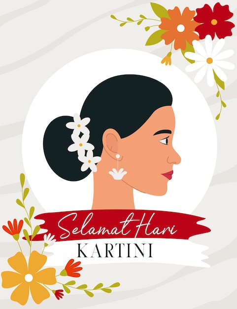 Selamat Hari Kartini Means Happy Kartini Day Kartini is Indonesian Female Hero Profile of a darkhaired woman surrounded by flowers Flat vector illustration