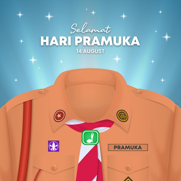 Selamat Hari Pramuka or happy Indonesia scout day background with a uniform of scout and sparkles