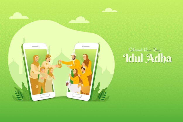 Selamat hari raya Idul Adha is another language of happy eid al Adha in Indonesian. muslim family sharing the meat of sacrificial animal for poor people through smartphone screen concept