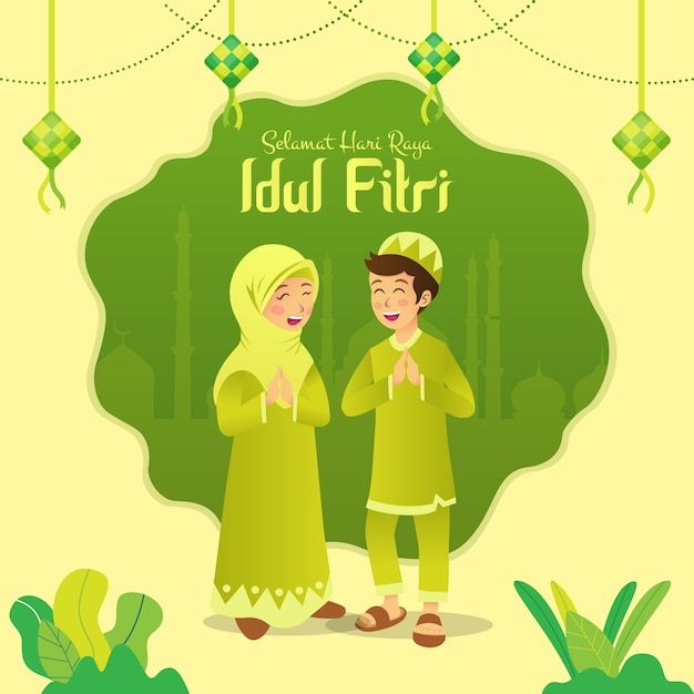 Selamat hari raya Idul Fitri is another language of happy eid mubarak in Indonesian. Cartoon muslim kids celebrating Eid al fitr