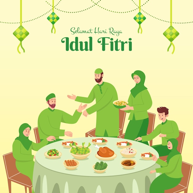 Selamat hari raya Idul Fitri is another language of happy eid mubarak in Indonesian. muslim family having dinner together