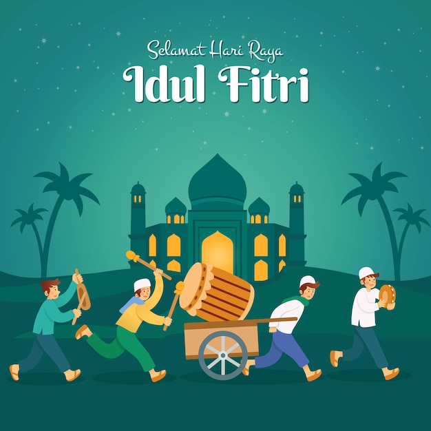 Selamat hari raya Idul Fitri translation happy eid mubarak with a group of youngster parading a big wooden drum to to celebrate eid mubarak in the night