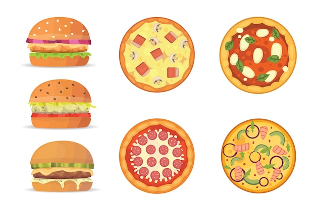 Selection of burgers and pizza